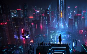 digital art men city futuristic night neon science fiction