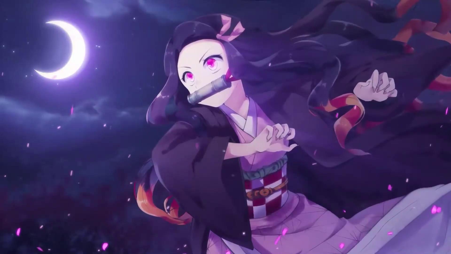 cute nezuko kamado near the moon